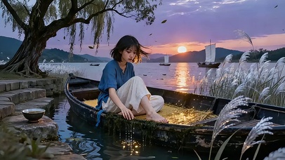 夕湖扁舟・蓝衫少女