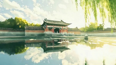 唯美湖畔古建春日清晨