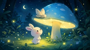 月夜森林蘑菇下的可爱白兔