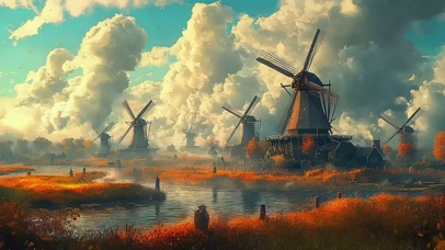 秋日河岸稻田风车时代