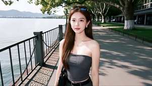 湖畔戴墨镜于秀发的性感美女
