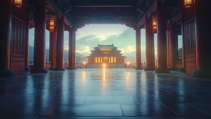 傍晚古风建筑大厅