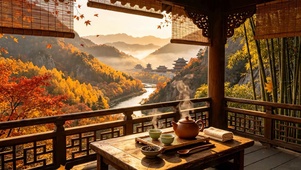 秋天山水木屋