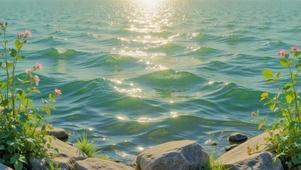 波光粼粼湖边治愈风景