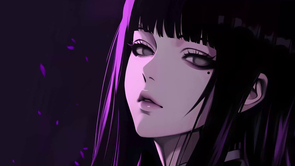 紫暗调长发少女近景，眼下带黑痣，背景飘着紫色碎花瓣
