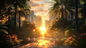 热带城市清晨日出街道