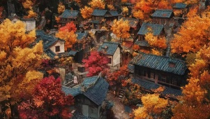 俯瞰秋日红叶古镇建筑