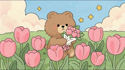 郁金香花丛中的小熊