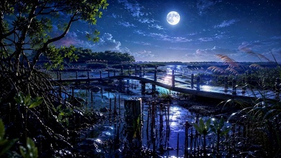 静谧月夜星空河畔夜景