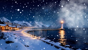 雪景房屋灯塔