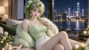 夜景窗边清新绿发美少女