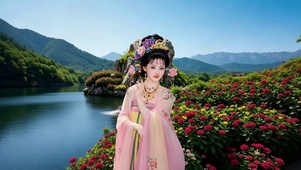 青山绿水湖畔鲜花丛中古风美女