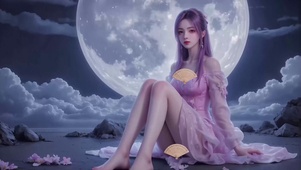 圆月沙滩美女