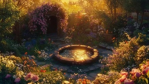 森林花海黄昏古井倒影