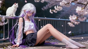 樱花树白发少女与白猫的春日之约