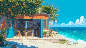 夏日橘树下的海边小店