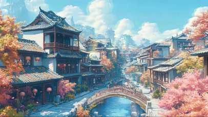 清新春季古风小镇街景