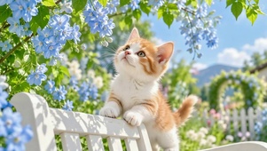 橘白小猫春日花园赏花