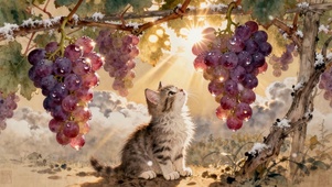 萌猫与葡萄：阳光水彩的治愈日常