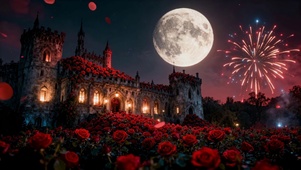满月古堡红玫瑰梦幻夜景
