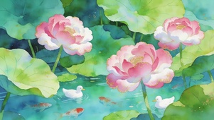 荷花池塘小鸭戏水