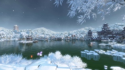 唯美古风冬日雪花湖畔