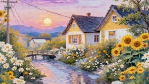 晚霞鲜花溪水小镇