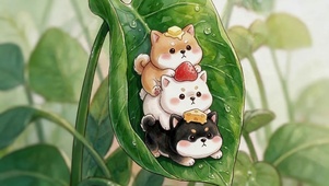 雨天绿叶上狗狗