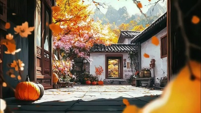 秋日庭院落叶纷飞风景