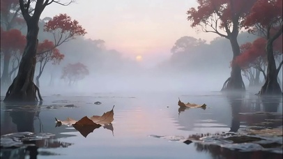 迷雾日出森林湖泊