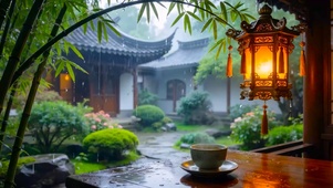 国风庭院雨景