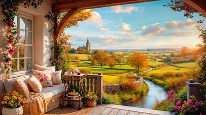 秋天郊外溪边小屋