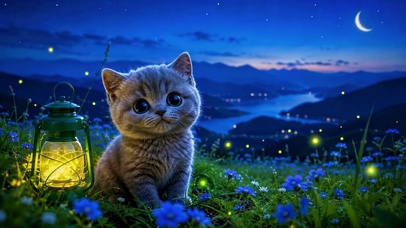 夜空山间蓝花可爱小猫