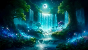 梦幻月夜高山瀑布