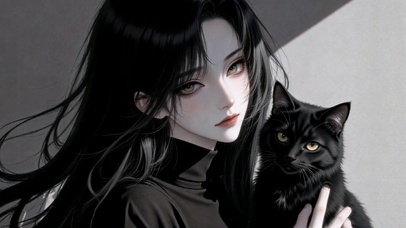 冷艳黑发少女与黑猫