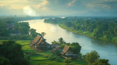 清新绿色河畔乡村