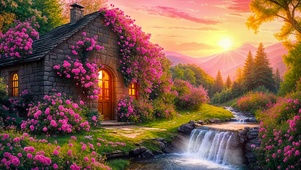 唯美夕阳溪边花草小屋