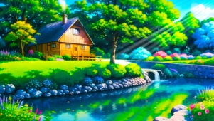 治愈插画春天湖畔小屋