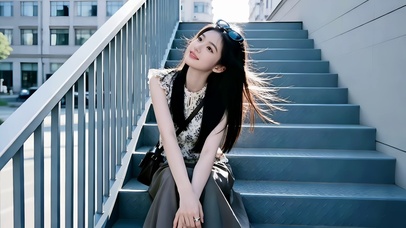 学校楼梯前闲坐的长发美女
