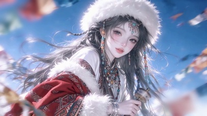 经幡下的藏族女孩