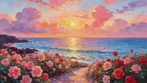 水彩海边玫瑰花