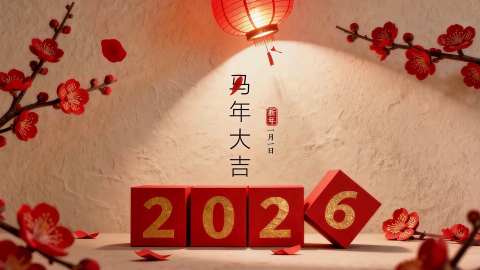 暖调室内新年桌面静物场景，红色立方体拼出数字2026，两侧伸出红色梅枝，顶部悬挂点亮的红灯笼，墙面带有暖光圆形光斑，中央印有马年大吉字样。