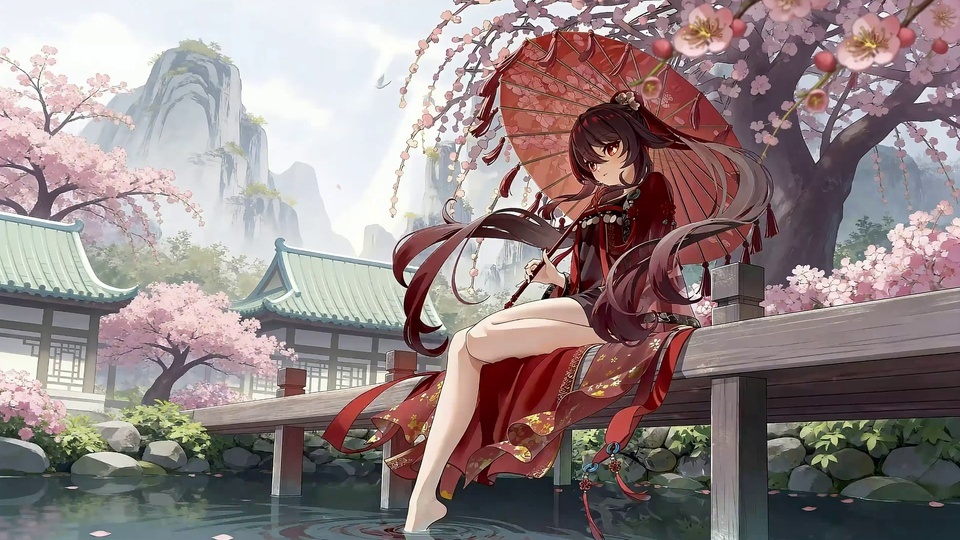 二次元古风插画，穿红黑古风服饰、持红色油纸伞的赤足少女坐于木桥栏杆，脚轻点池水，两侧是粉花树与中式古建，远景为雾霭奇峰