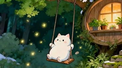 夜景森林荡秋千猫咪