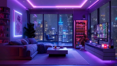 雨夜霓虹城市房间