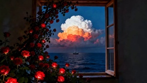 晚霞海景花草