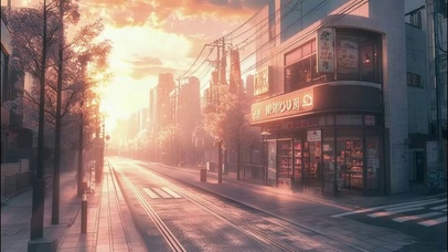 朦胧清晨城市街角商店