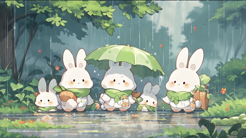 雨天的林间积水地面上，五只围绿色围巾的白色卡通小兔子聚在一把撑开的绿色雨伞下，四周环绕着茂密的鲜绿色林木与植物。