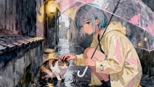 雨天女孩遇见猫咪