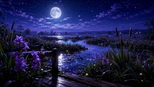 静谧月夜河畔紫花夜景